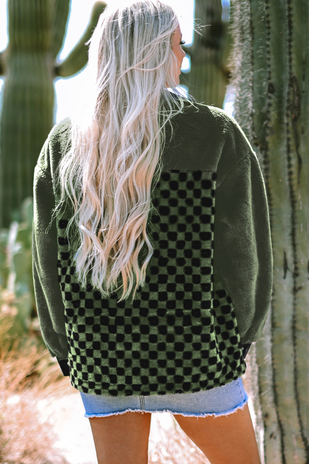 Vineyard Green Fleece Checkerboard Flap Pocket Snap Button Jacket