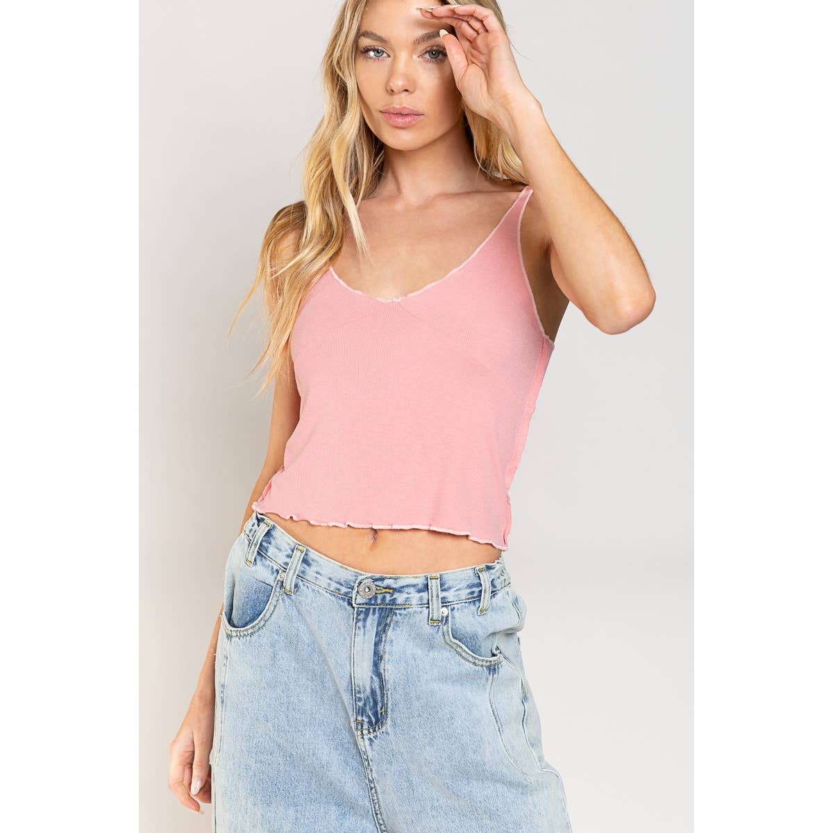 POL Lettuce Hem Adjustable Strap Ribbed Crop Tank Top