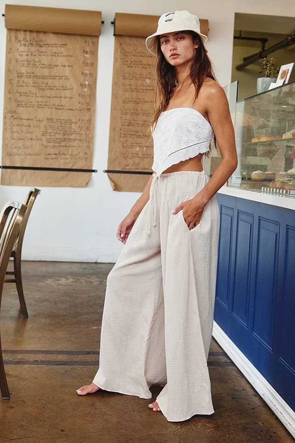 Bucketlist Wide Leg Flattering Drape Solid Cotton Gauze Pants