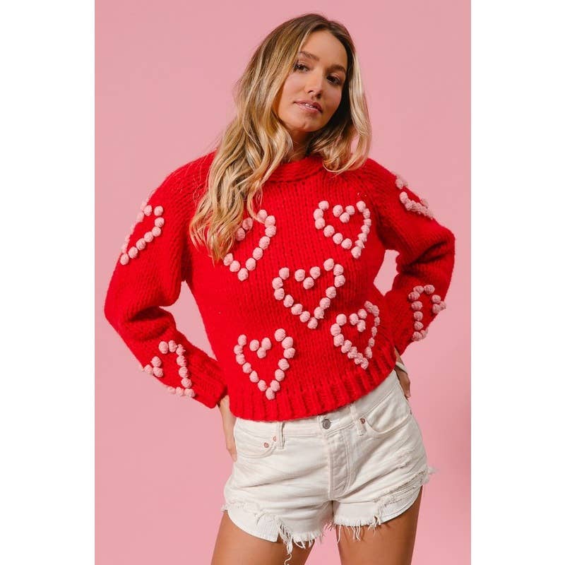 POM POM HEART TEXTUREED VALENTINE SWEATER