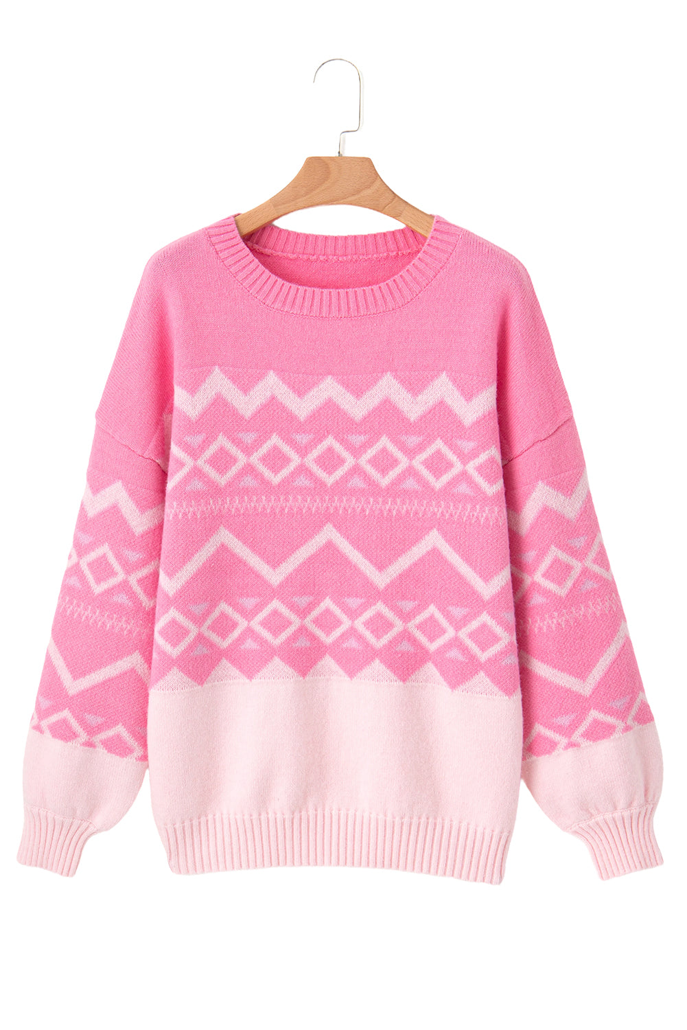 Pink Geometric Pattern Round Neck Drop Shoulder Sweater