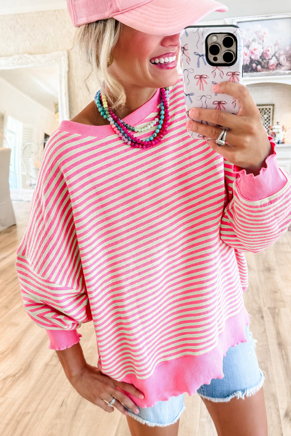 Green Stripe Drop Shoulder Long Sleeve Top