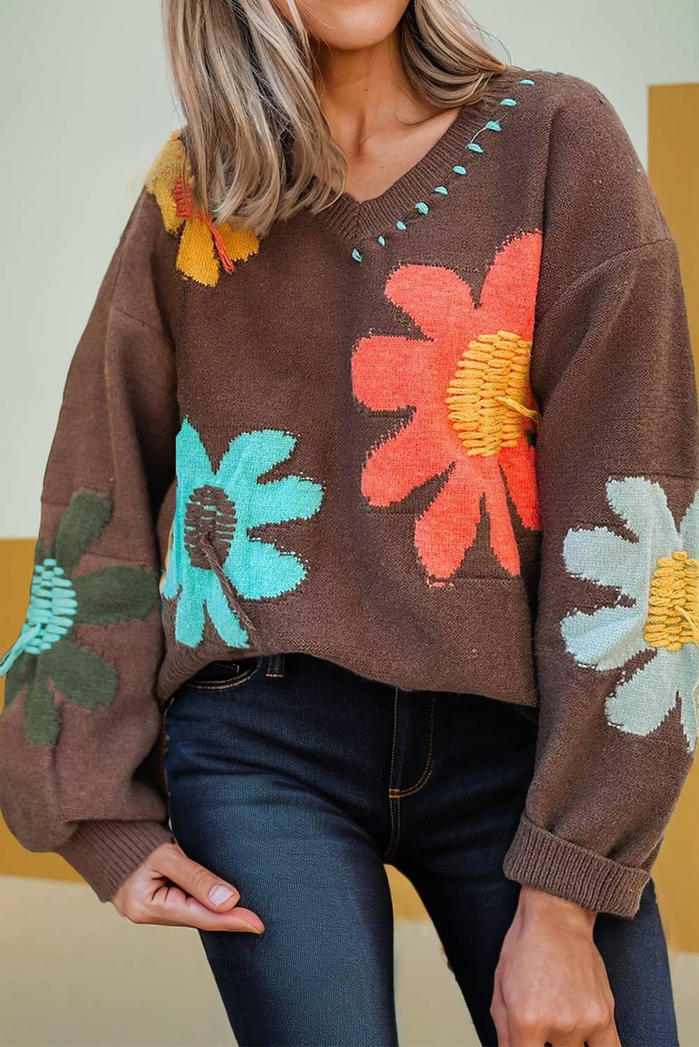 Flower Pattern V Neck Drop Shoulder Sweater | White