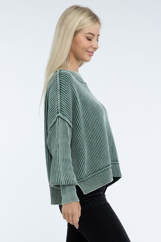 Washed Side Slit Oversized Cropped Sweater