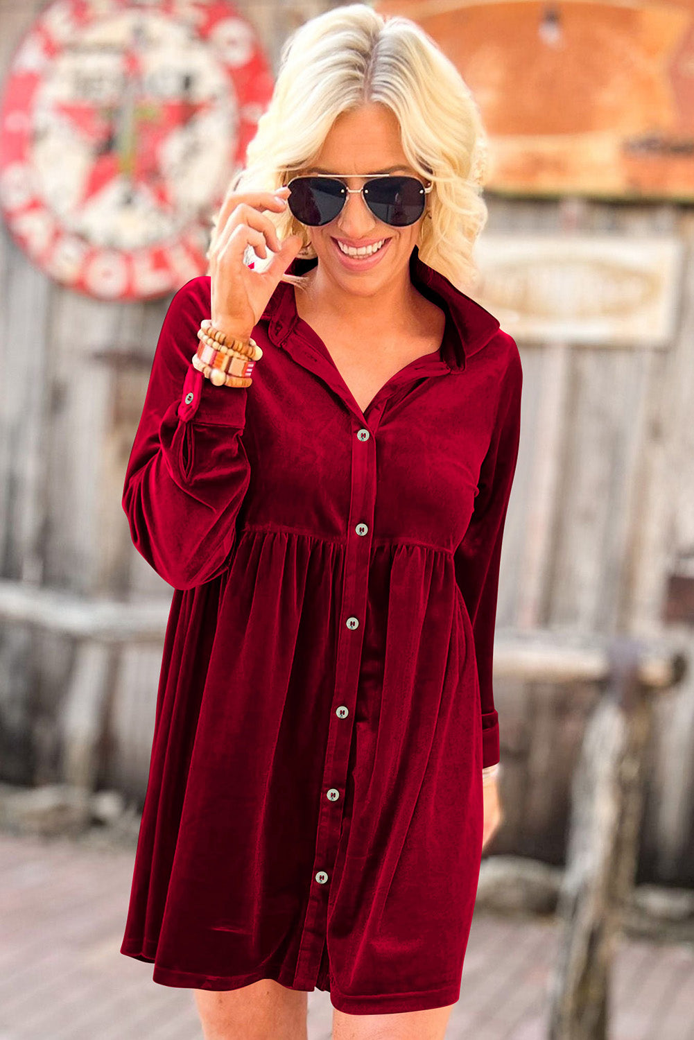 Red Long Sleeve Ruffle Velvet Button Up Shirt Dress