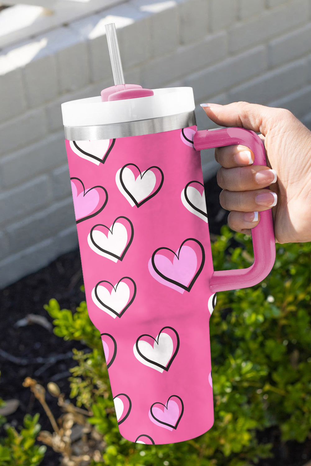 Rose Red Valentines Heart Printed Thermos Cup with Handle 40oz