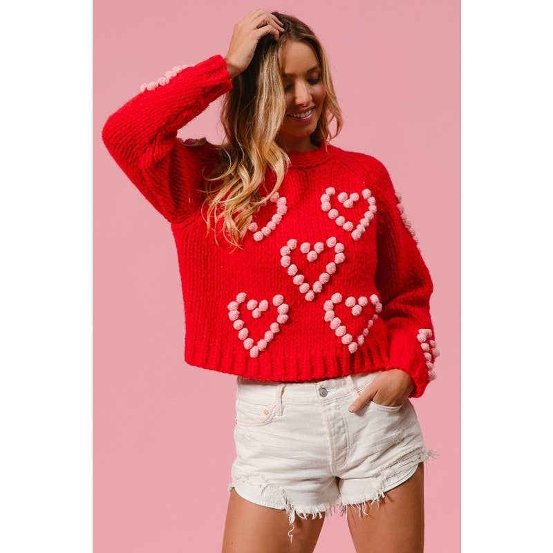 POM POM HEART TEXTUREED VALENTINE SWEATER