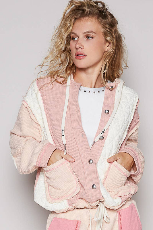 You had me at cozy multi fabric hooded button down combo shacket