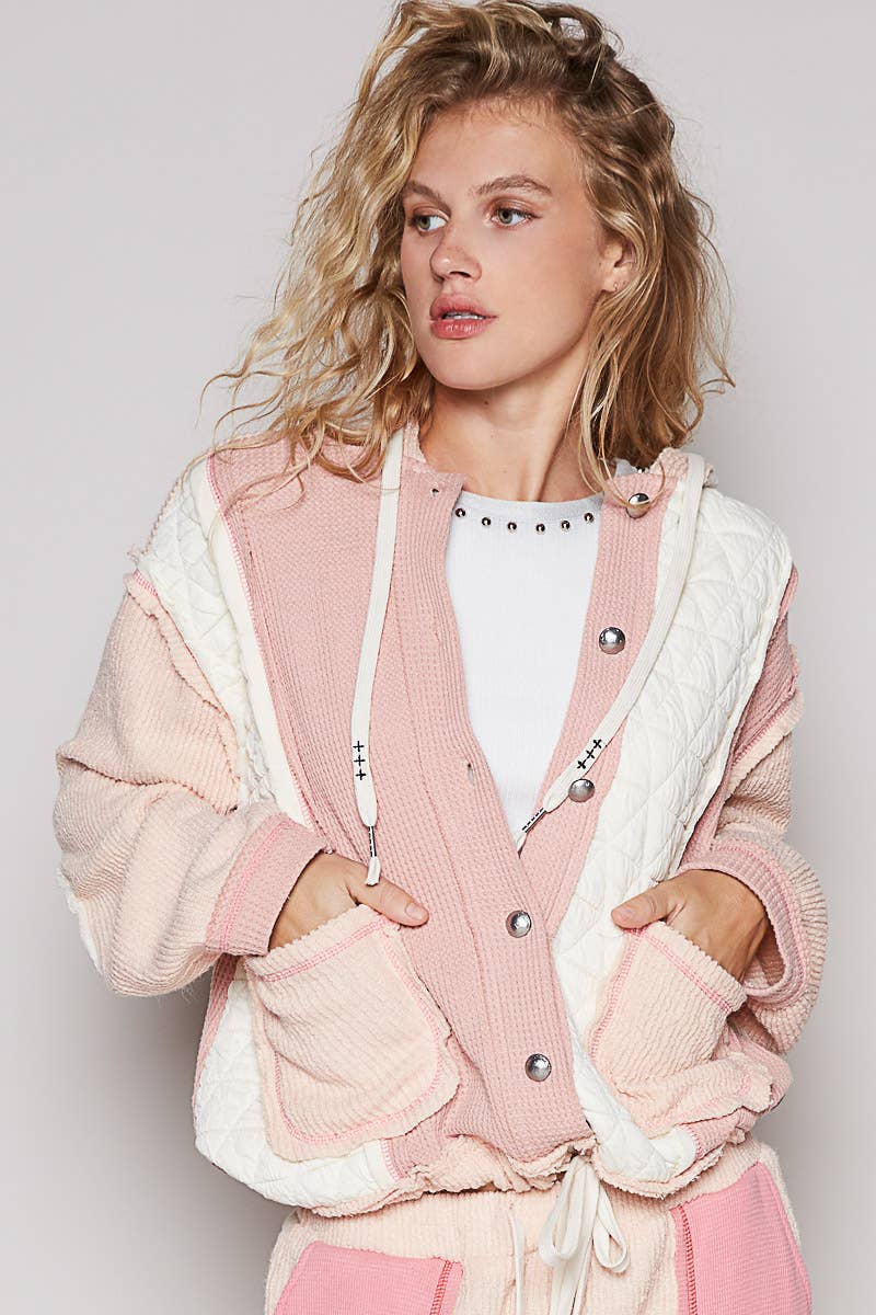 You had me at cozy multi fabric hooded button down combo shacket