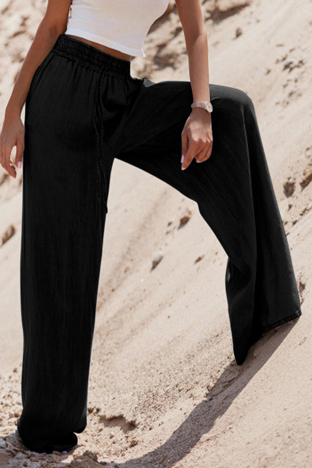 Black Drawstring High Waist Wide Leg Denim Pants