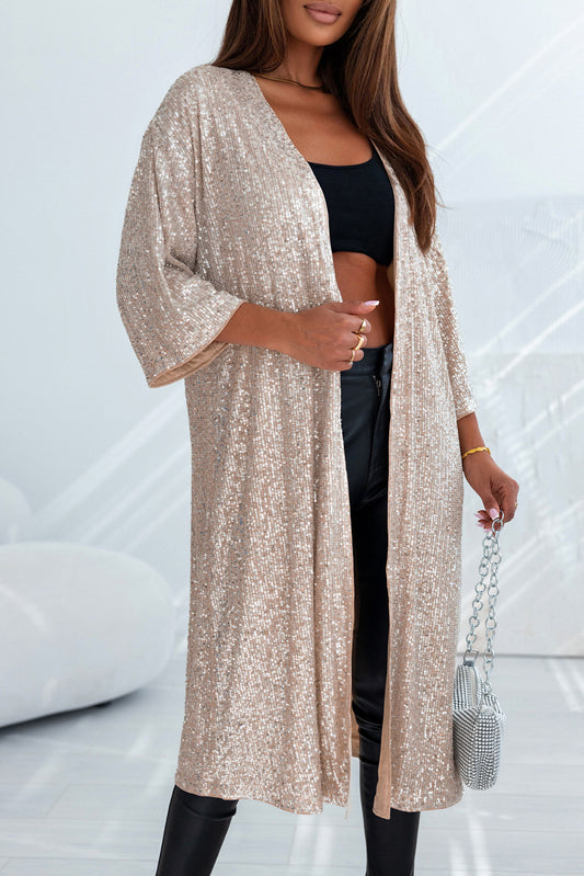 Apricot Sequin 3/4 Sleeve Open Front Duster Cardigan