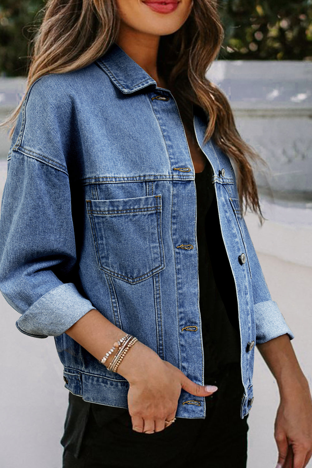 Light Blue Washed Oversize Pocketed Denim Jacket