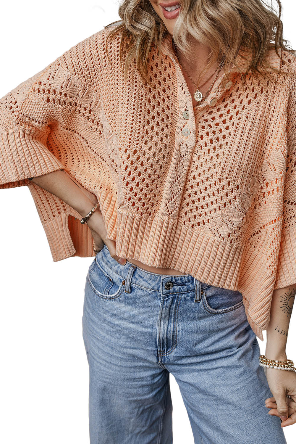 Apricot Pink Hollowed Knit 3/4 Dolman Sleeve Buttoned Collared Sweater