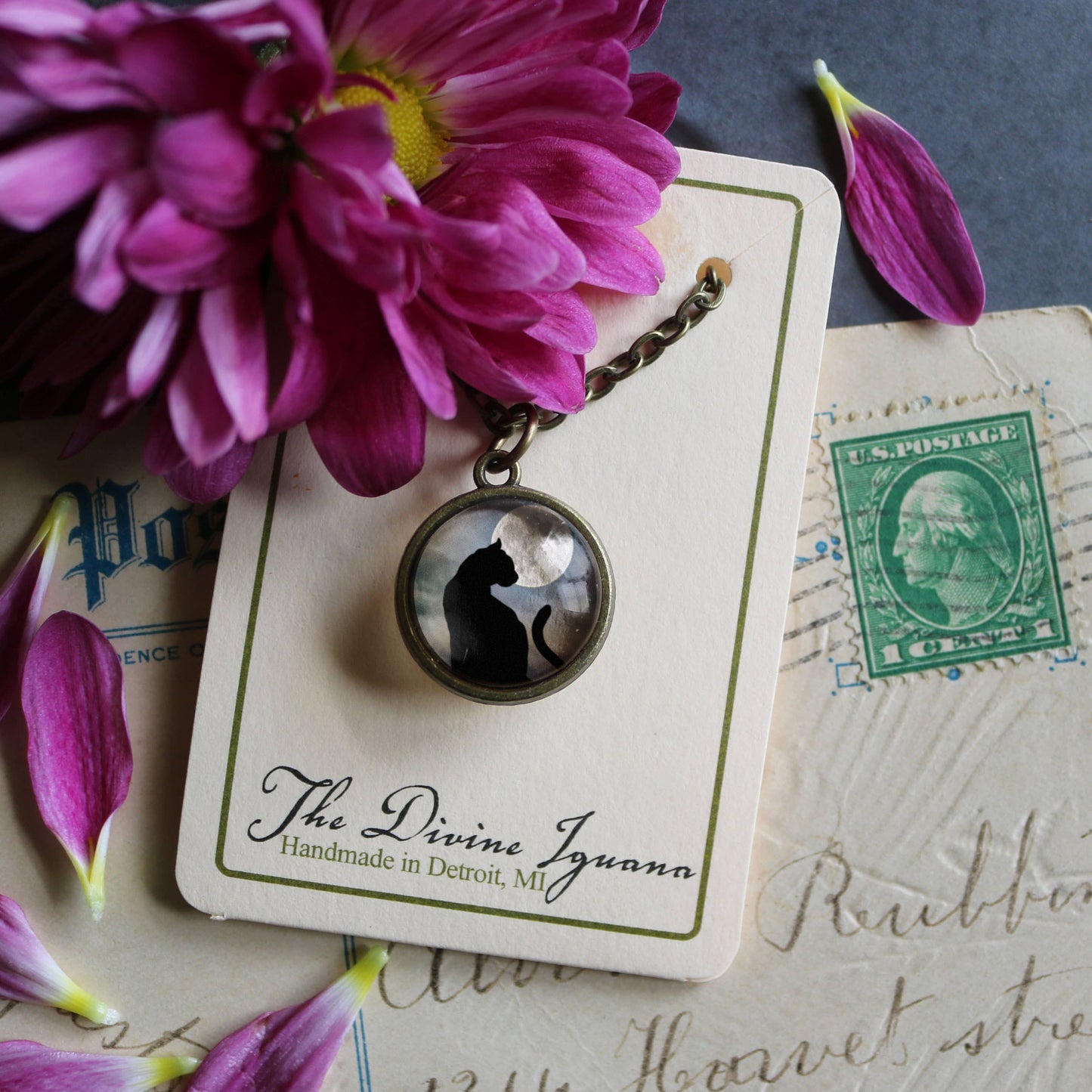 Black Cat and Full Moon Simple Reversible Pendant Necklace