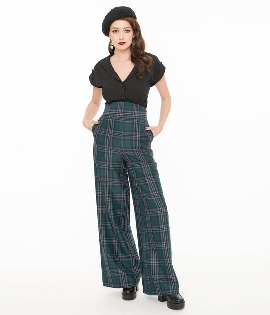 Vintage 1940s Green & Black Plaid High Waist Pants
