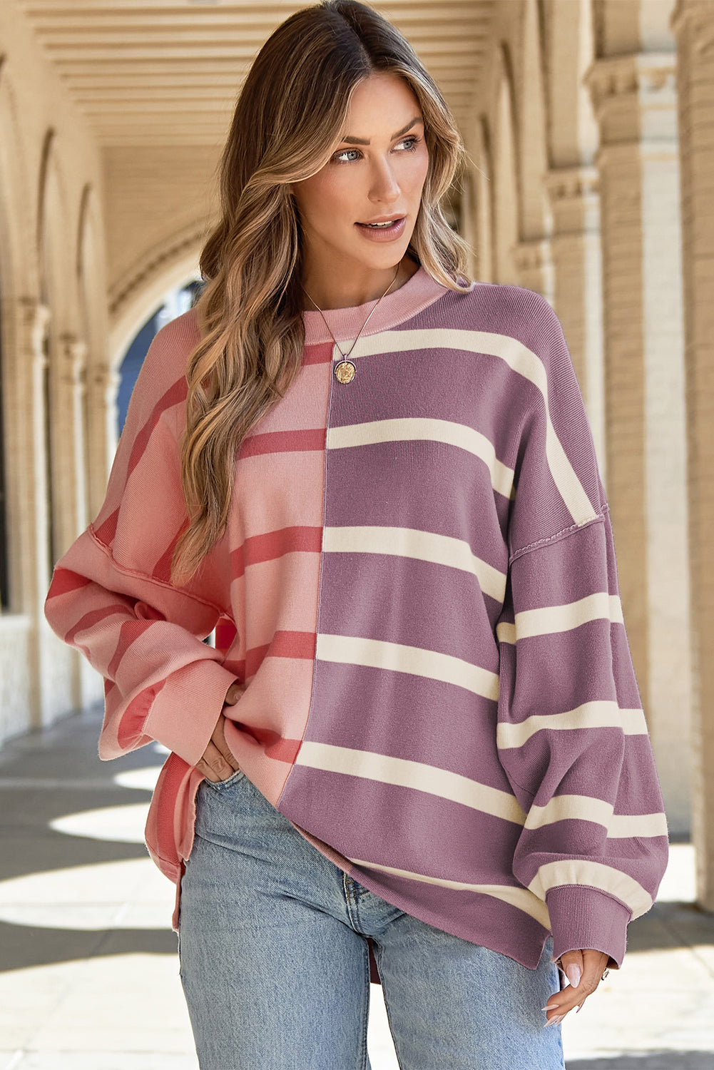 Pink Stripe Colorblock Oversized Sweater