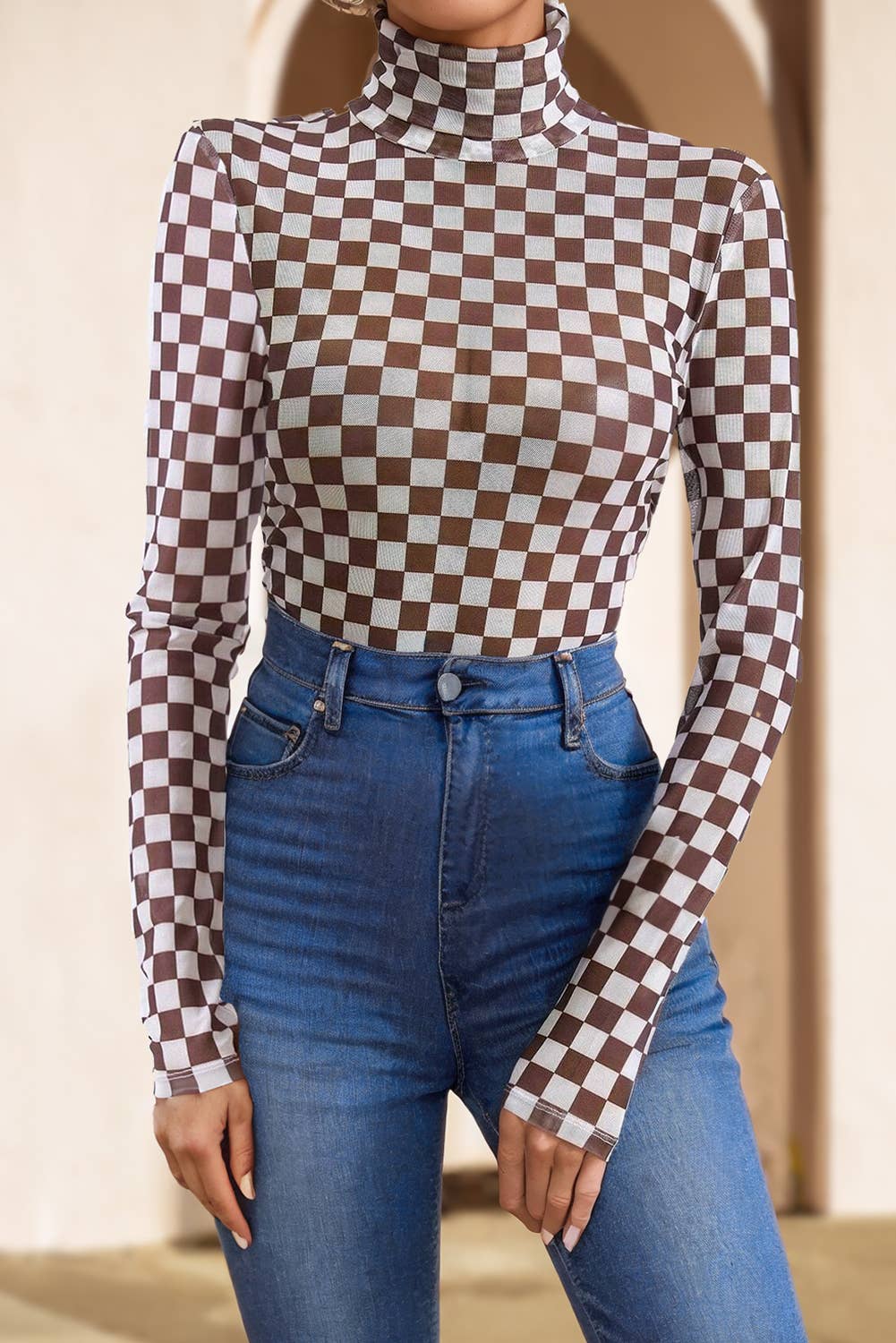 Checkered Printed High Neck Bodysuit