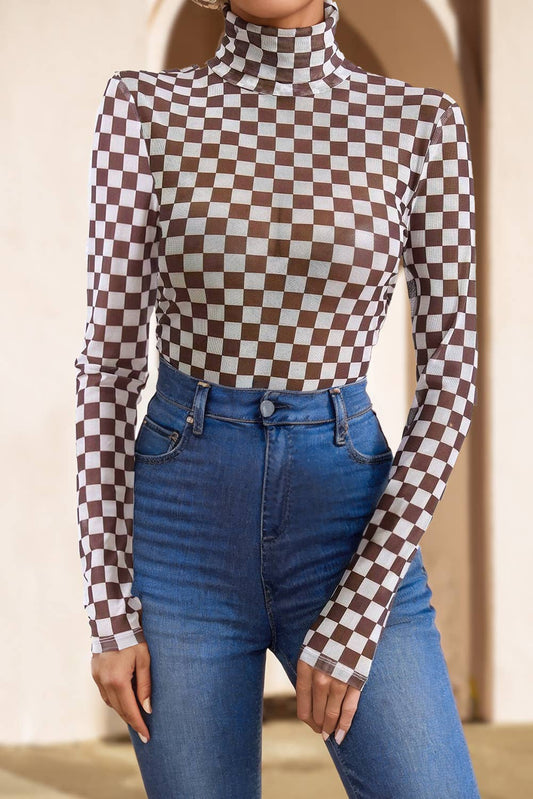 Checkered Printed High Neck Bodysuit