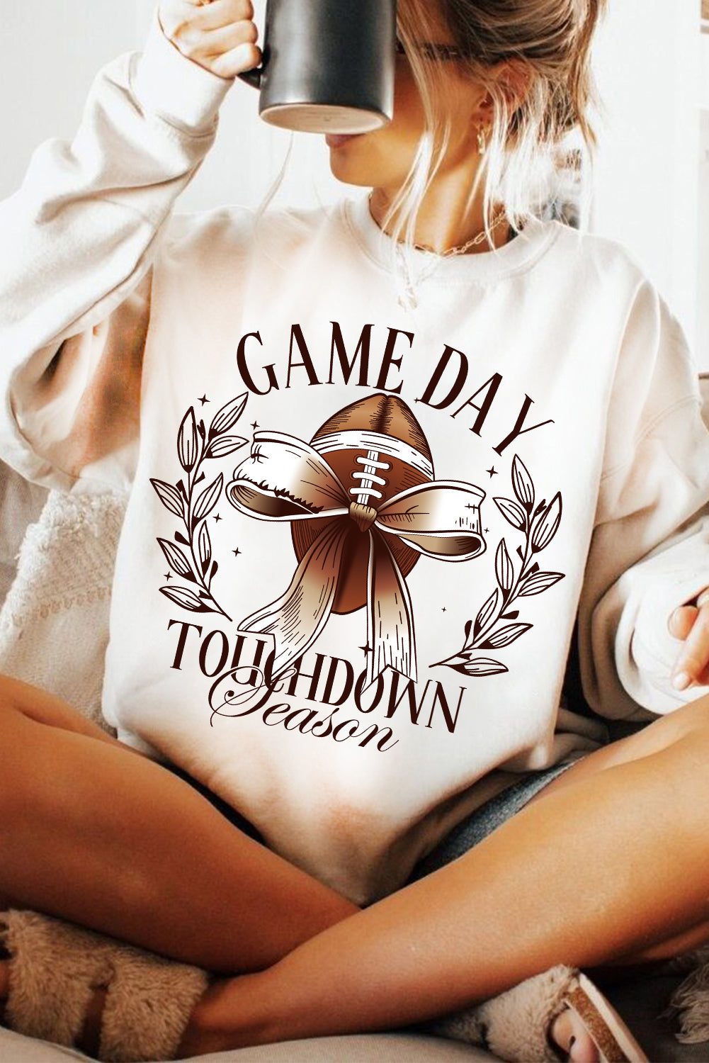 Beige GAME DAY Bowknot Rugby Graphic Sweatshirt