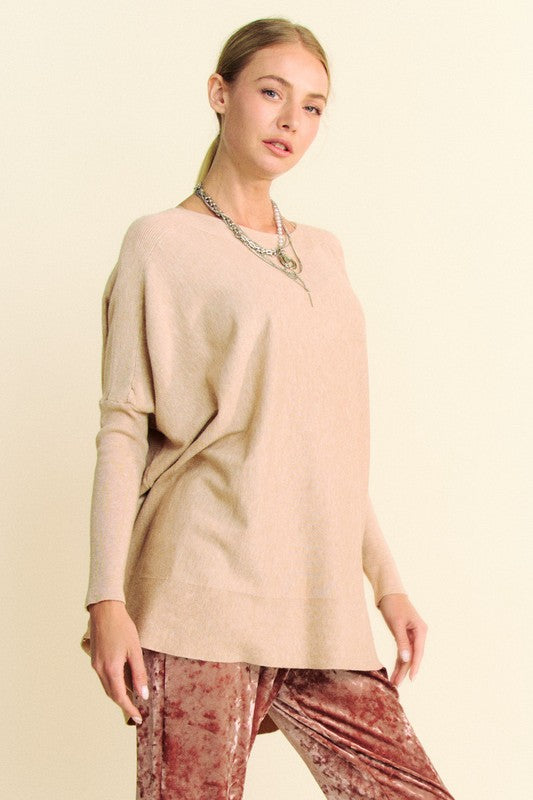 Davi & Dani Round Neck Dropped Shoulder Long Sleeve Knit Top