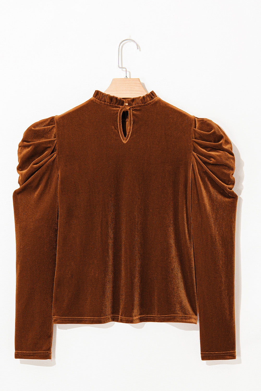 Chestnut Velvet Frilled Neck Ruched Puff Sleeve Top