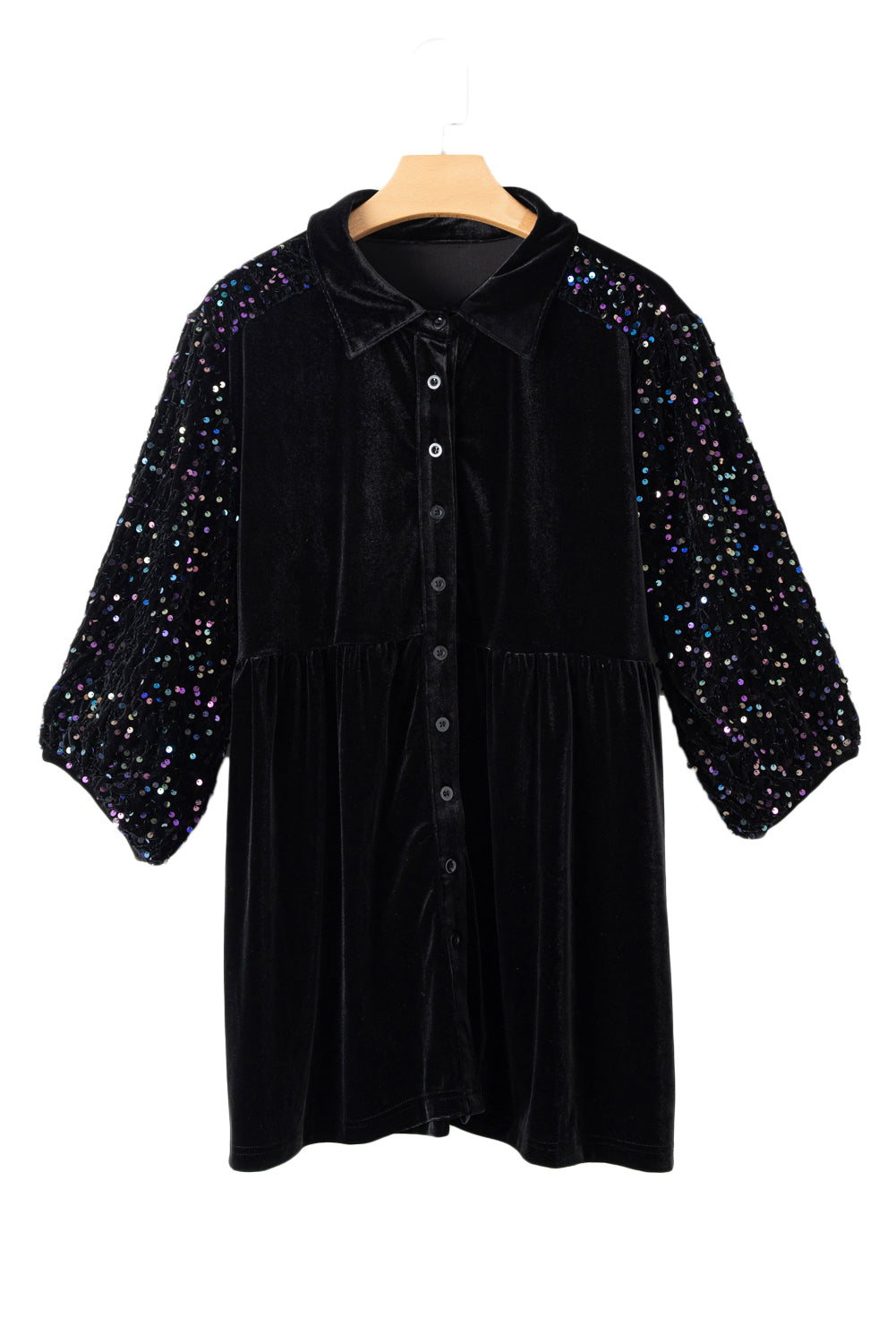 Black Velvet Sequin Puff Sleeve Button Babydoll Blouse