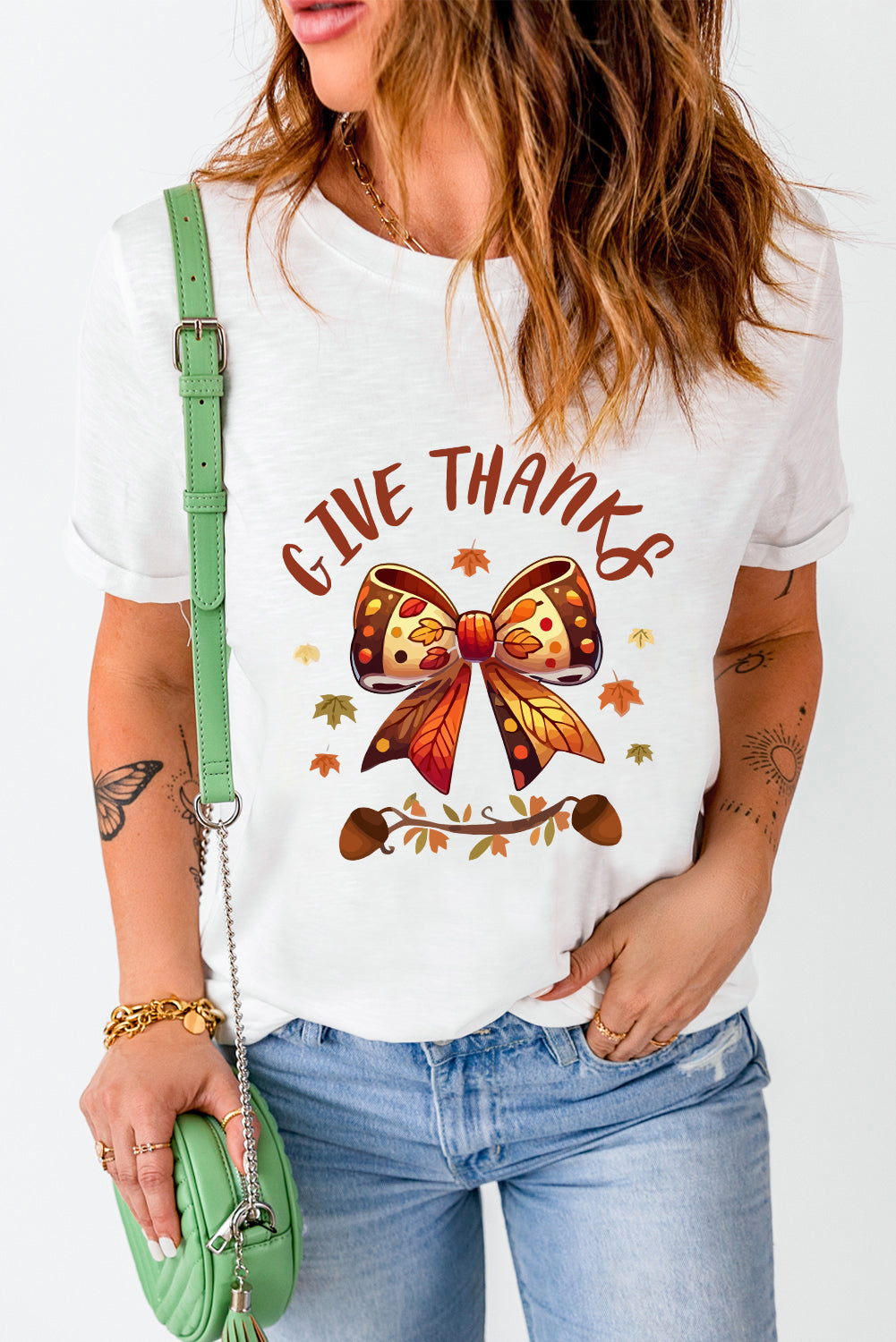 White GIVE THANKS Bowknot Thanksgiving Graphic Tee