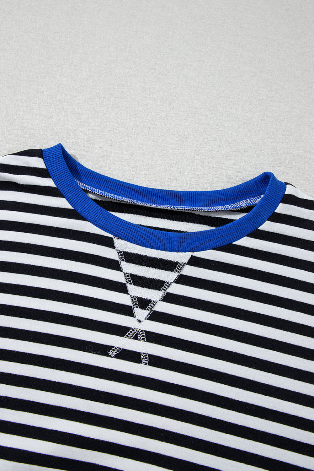 Blue Stripe Contrast Edge Cross Seam Oversized Pullover