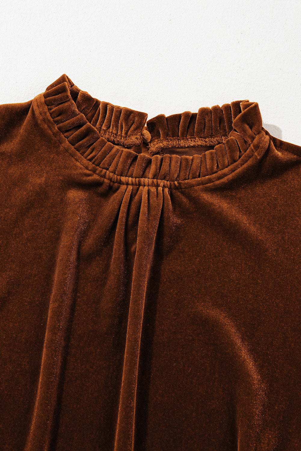 Chestnut Velvet Frilled Neck Ruched Puff Sleeve Top