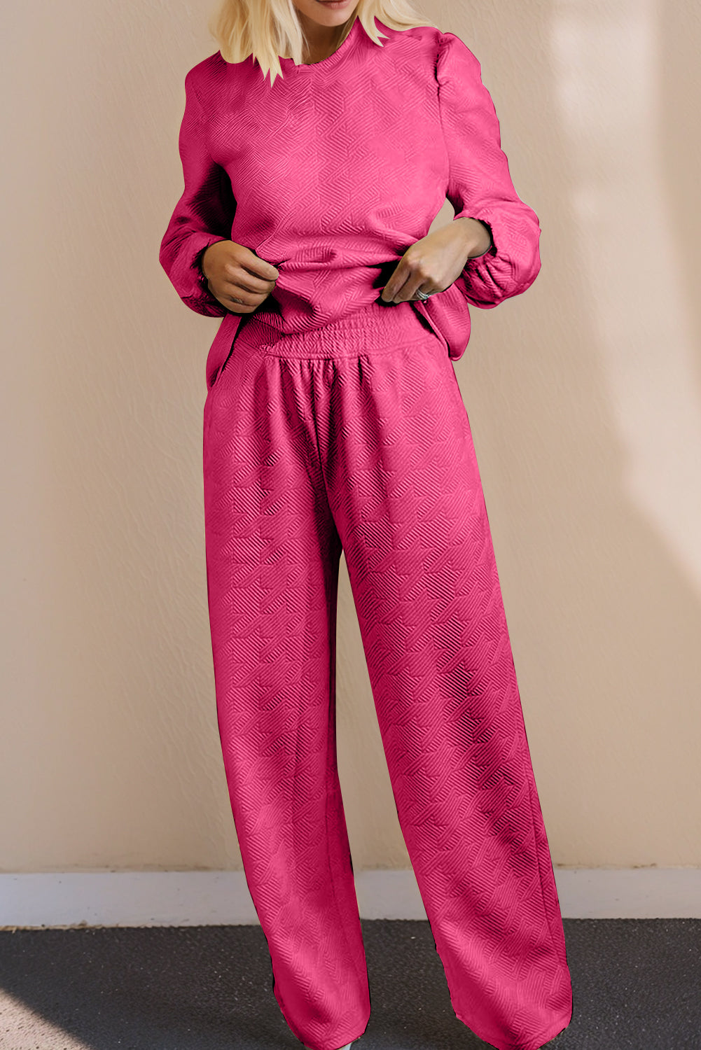 Rose Red Textured Puff Sleeve Top and Pants Set