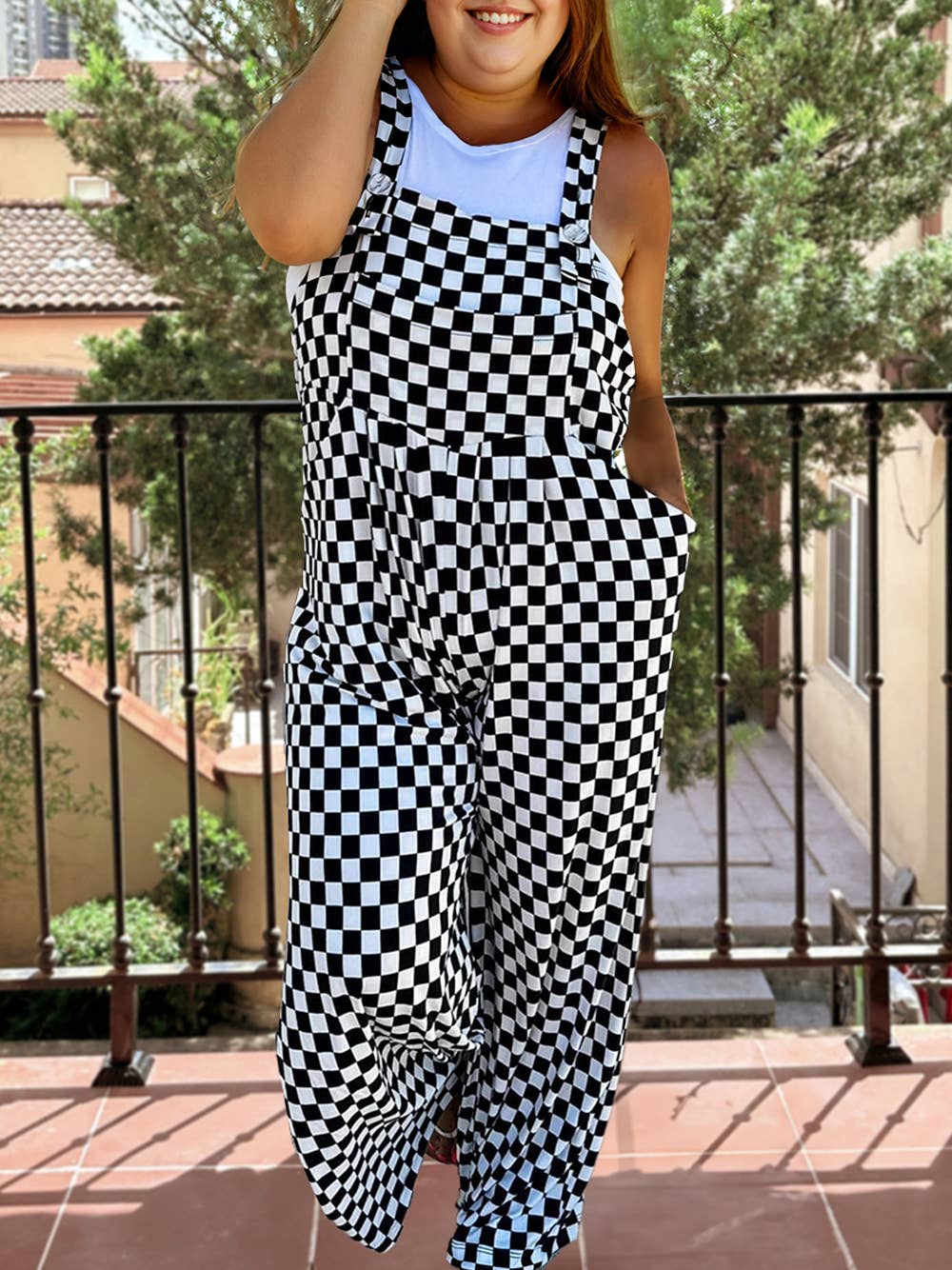 Checkered Print Pocketed Wide Leg Jumpsuit