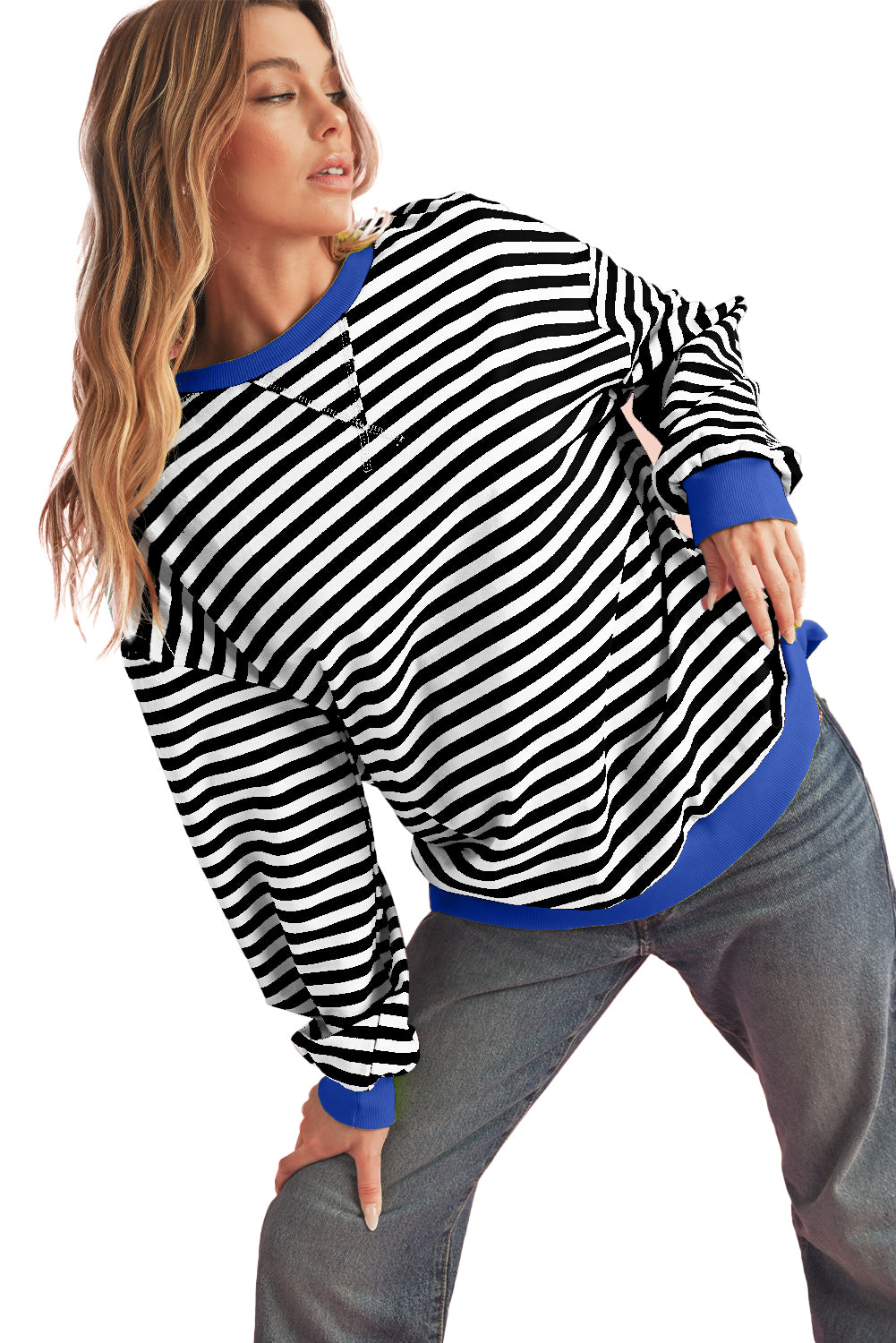 Blue Stripe Contrast Edge Cross Seam Oversized Pullover