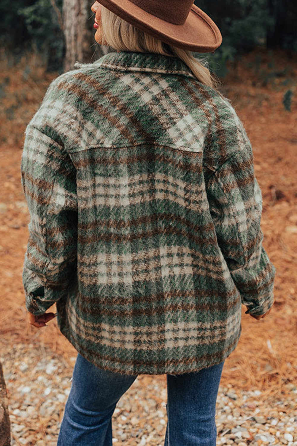 Mist Green Plaid Print Chest Pockets Turn Down Collar Shacket