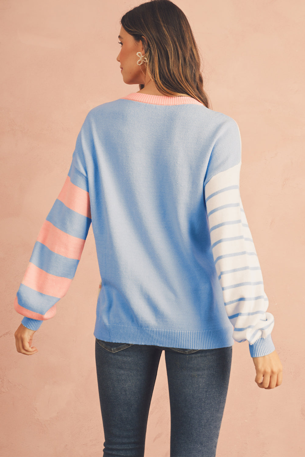 Pale Chestnut Striped Colorblock Pullover Sweater