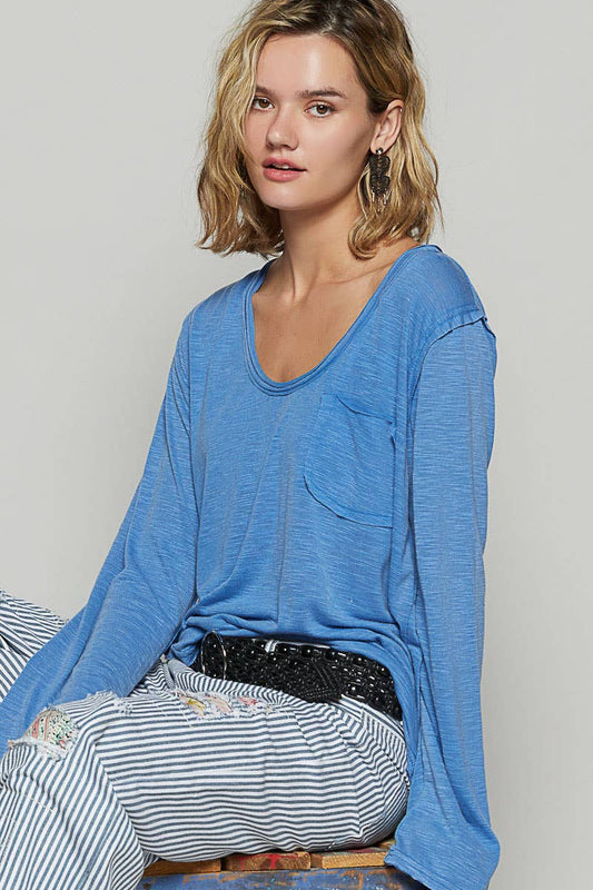 Pocket front long sleeve boat neck slub knit tee SALE