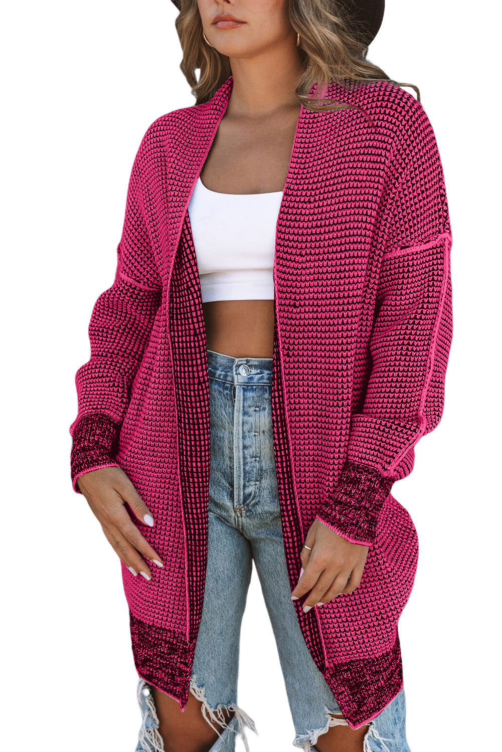 Rose Plaid Contrast Trim Casual Knit Long Cardigan