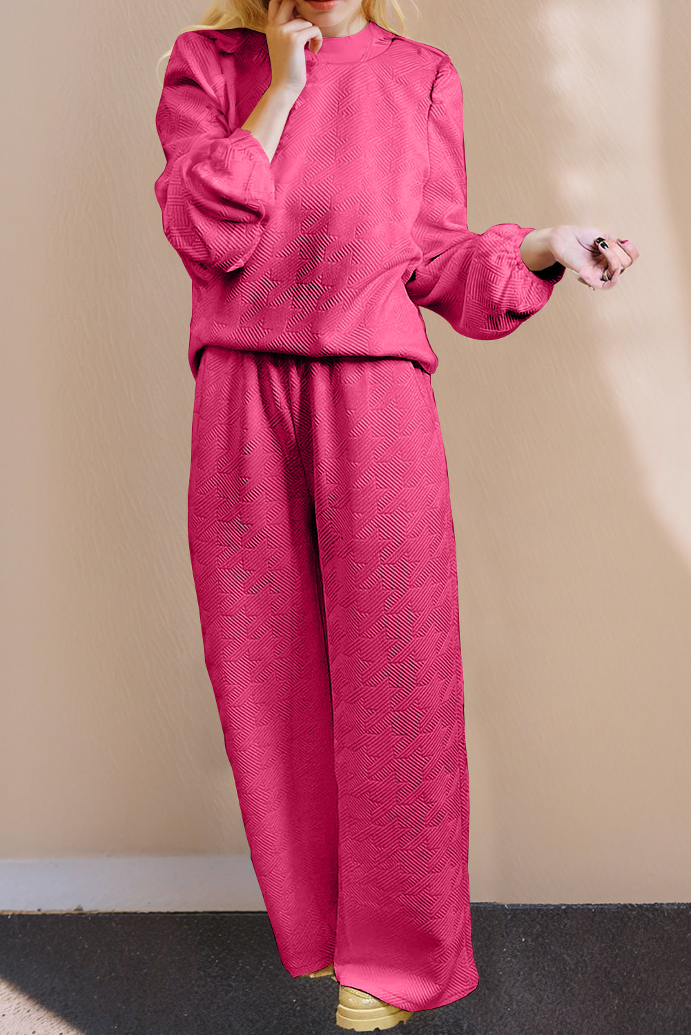 Rose Red Textured Puff Sleeve Top and Pants Set