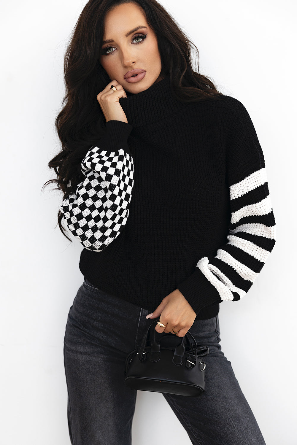 Black Striped Plaid Patchwork Waffle Knit Turtleneck Sweater