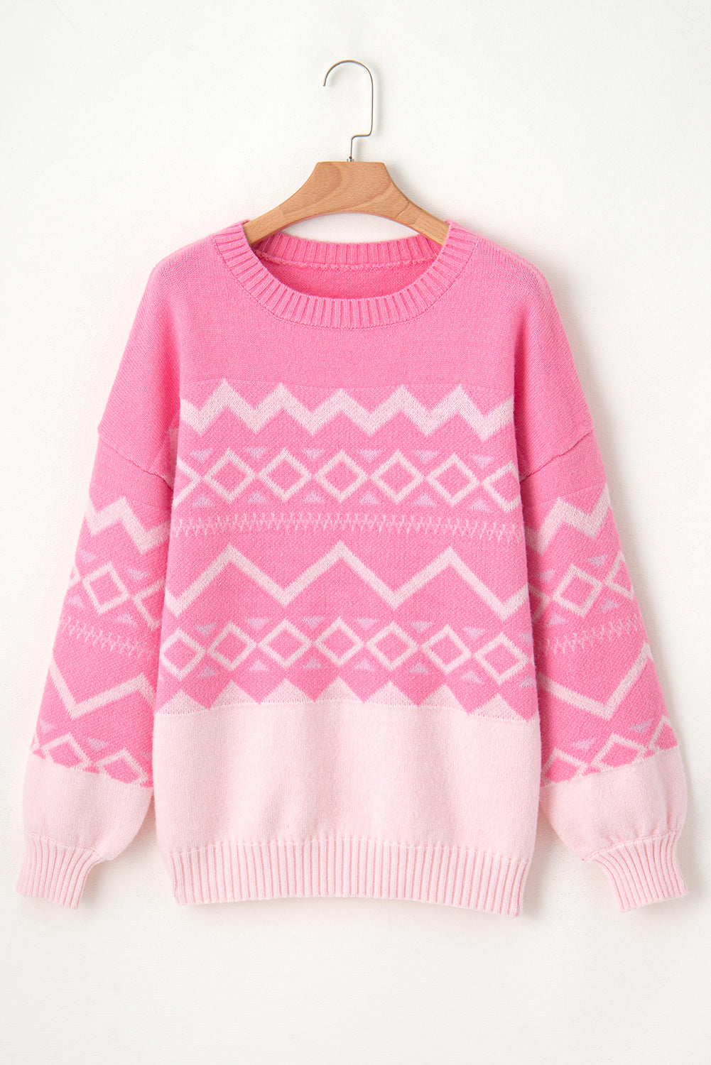 Pink Geometric Pattern Round Neck Drop Shoulder Sweater