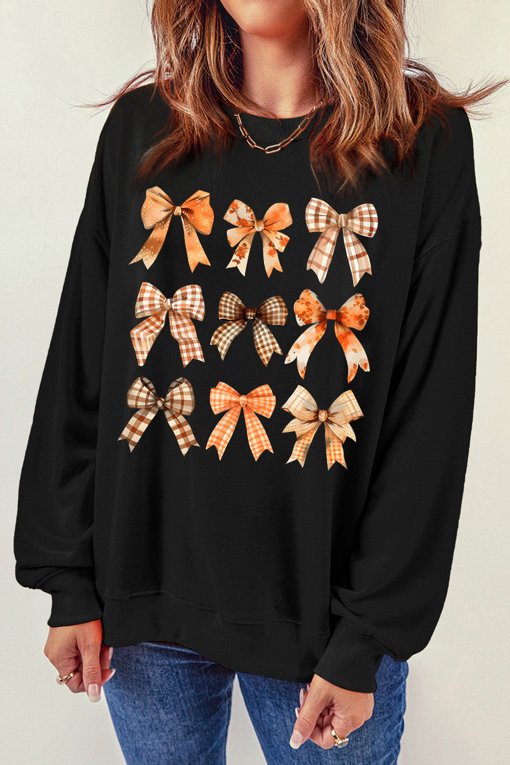 Black Plaid Bowknot Graphic Round Neck Sweatshirt