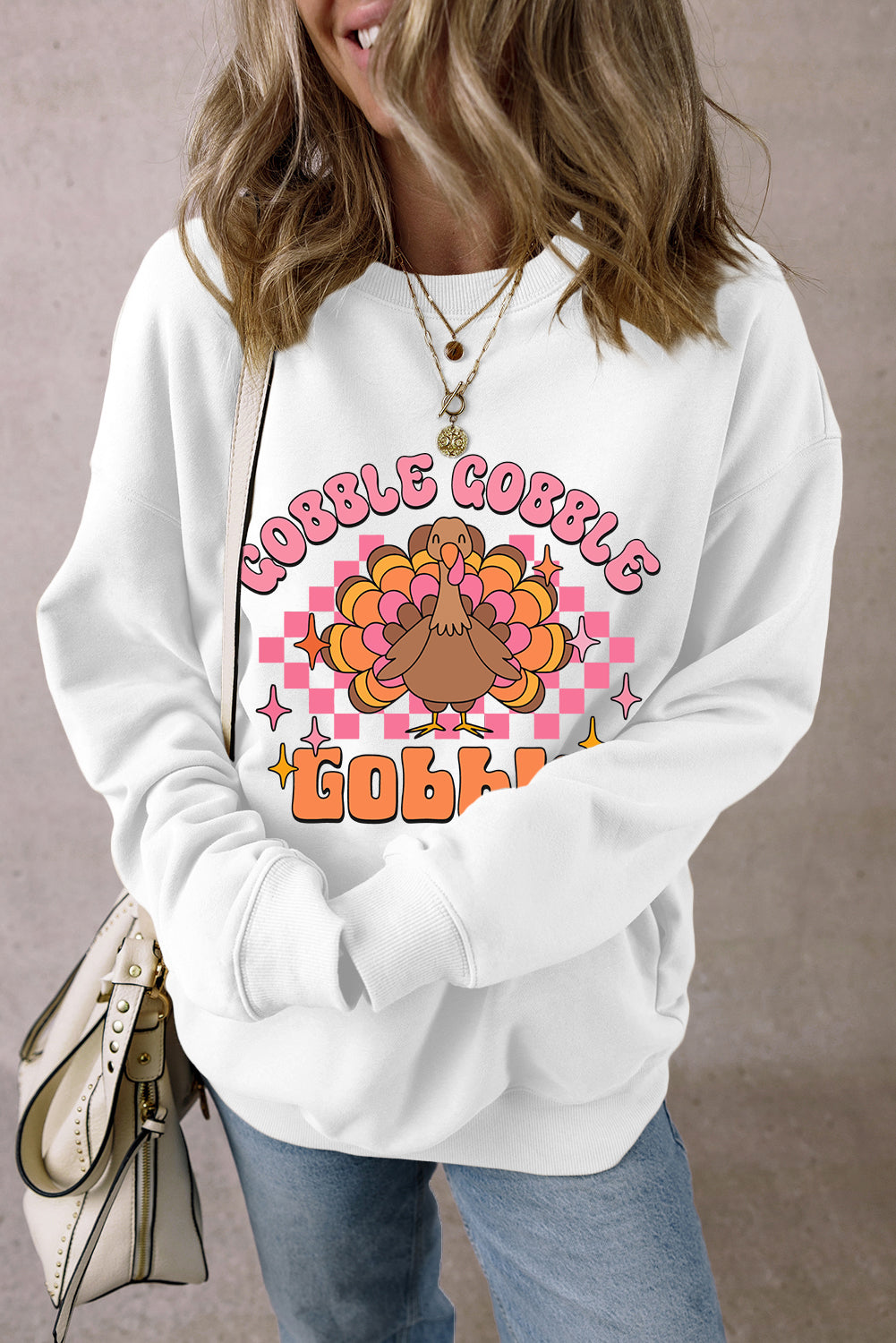 White Gobble Gobble Turkey Thanksgiving Graphic Sweatshirt