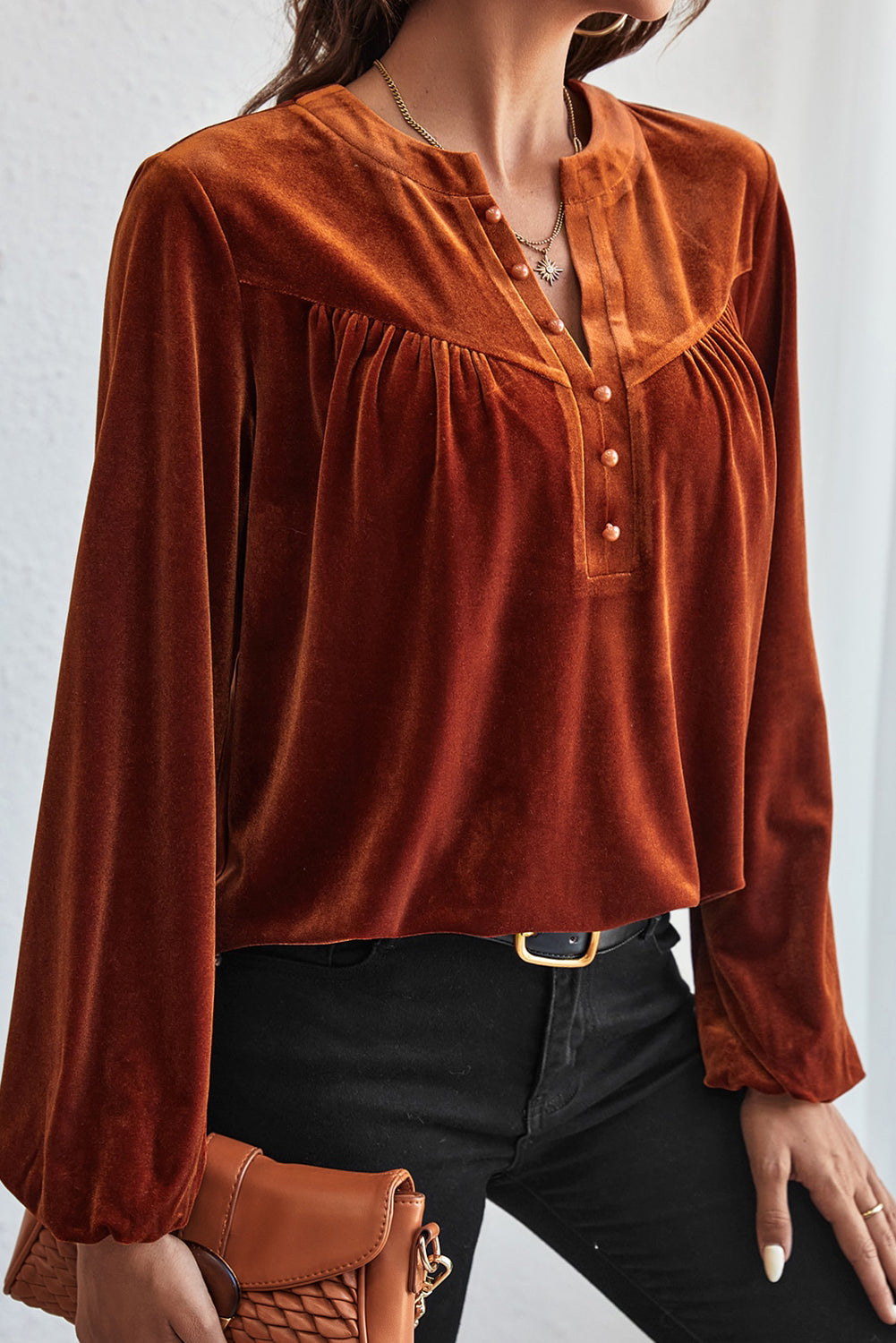 Gold Flame Velvet Beaded V Neck Lantern Sleeve Top