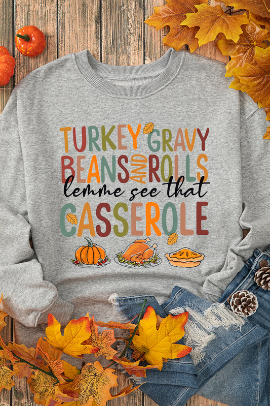 Gray Thanksgiving Slogan Pumpkin Turkey Pie Graphic Sweatshirt