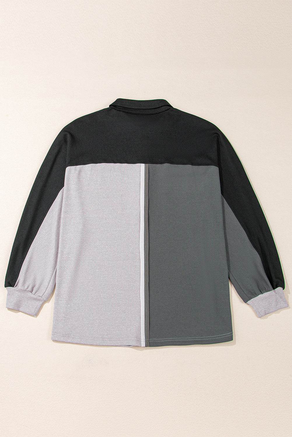 Gray Colorblock Ribbed Collared Oversized Sweatshirt