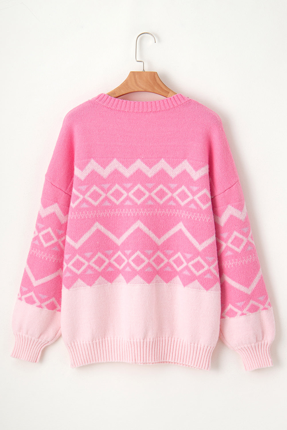 Pink Geometric Pattern Round Neck Drop Shoulder Sweater