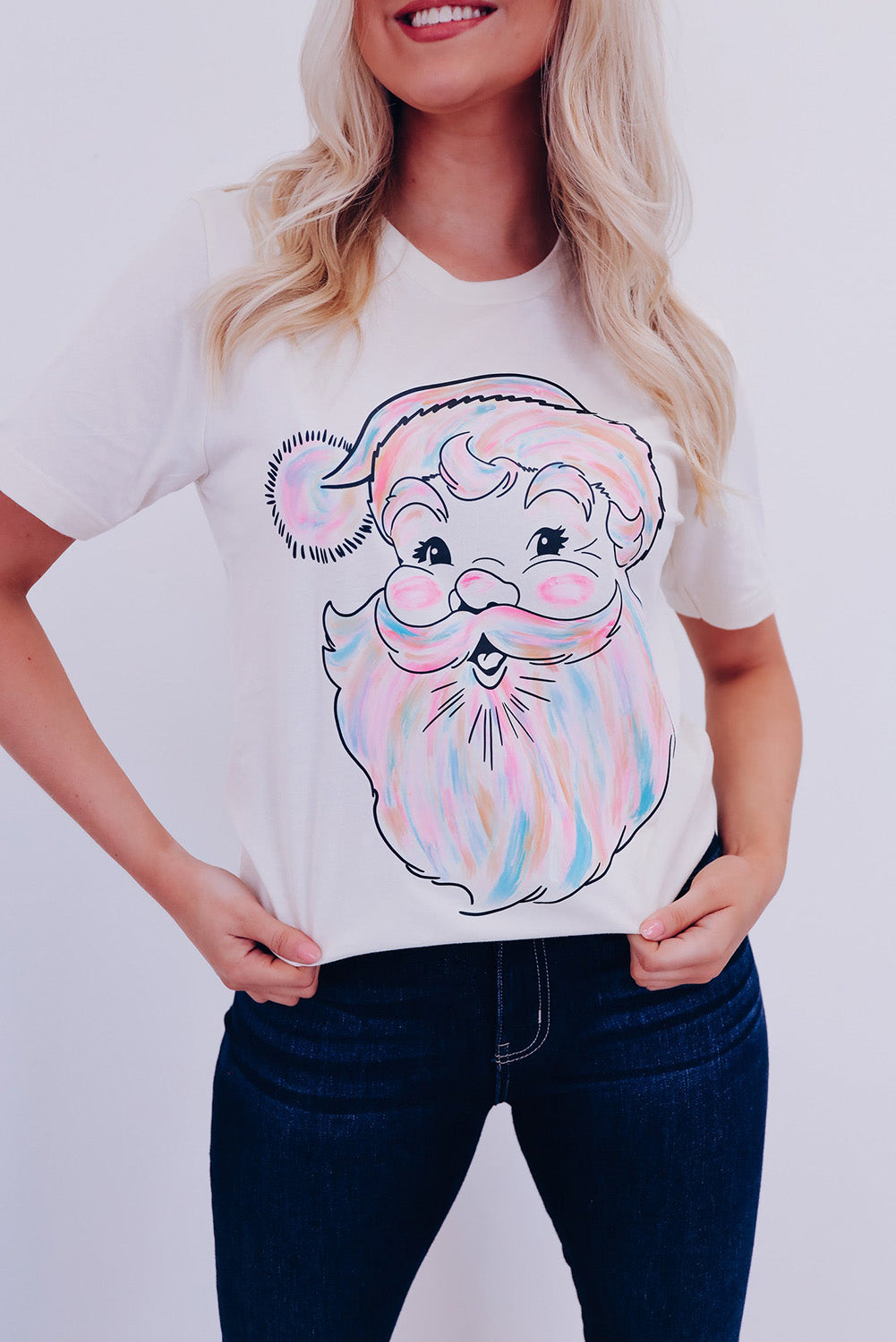 White Cute Santa Claus Casual Round Neck Graphic Tee