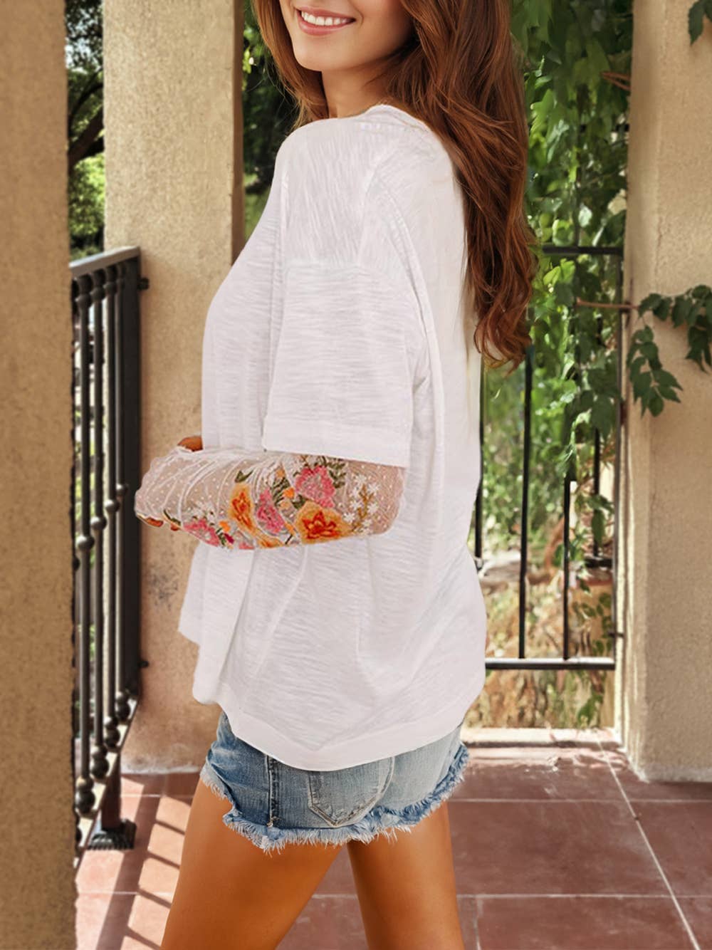 Floral Embroidered Mesh Patchwork Sleeve Crewneck Top