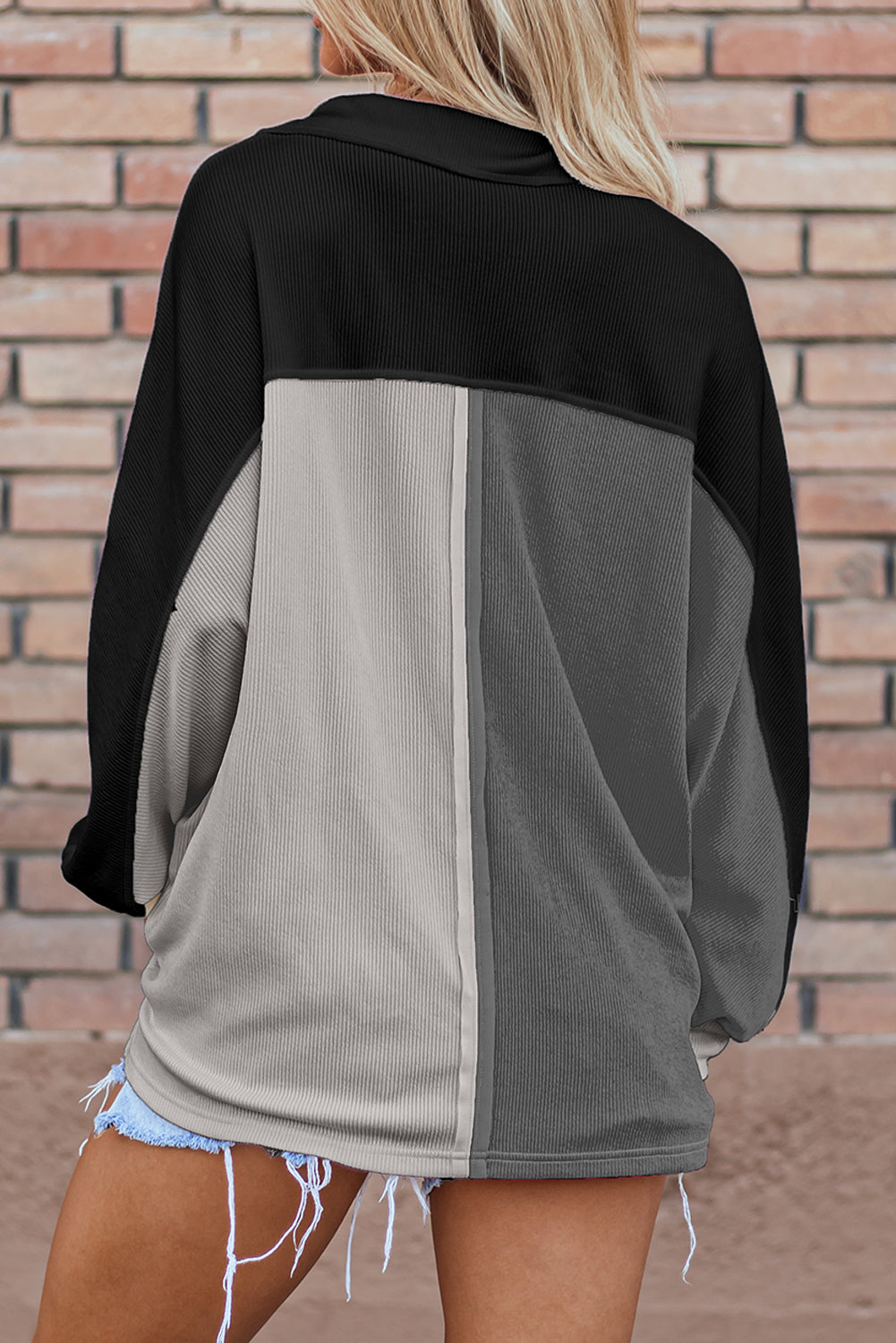 Gray Colorblock Ribbed Collared Oversized Sweatshirt