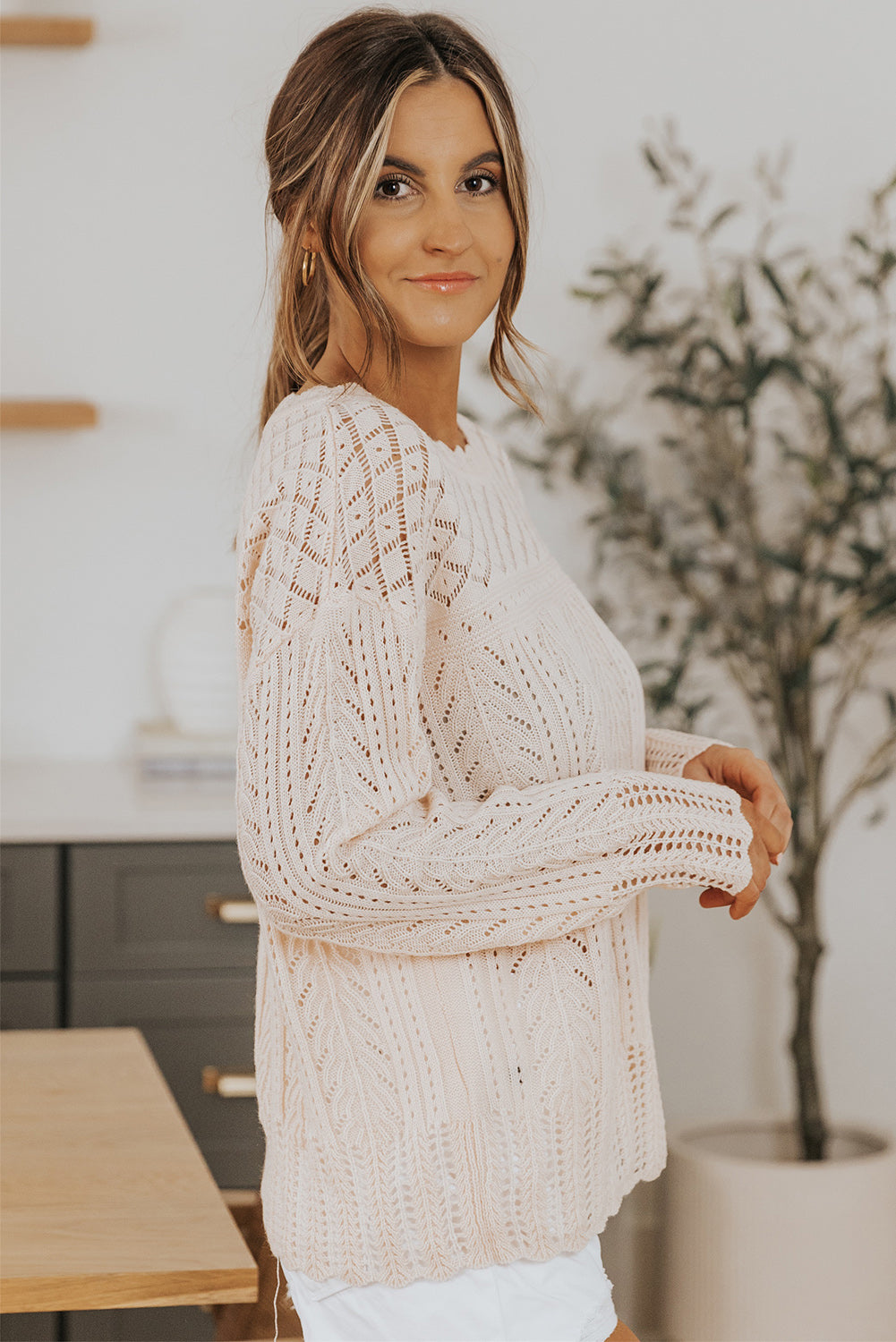 Pink Solid Casual Drop Shoulder Knit Sweater