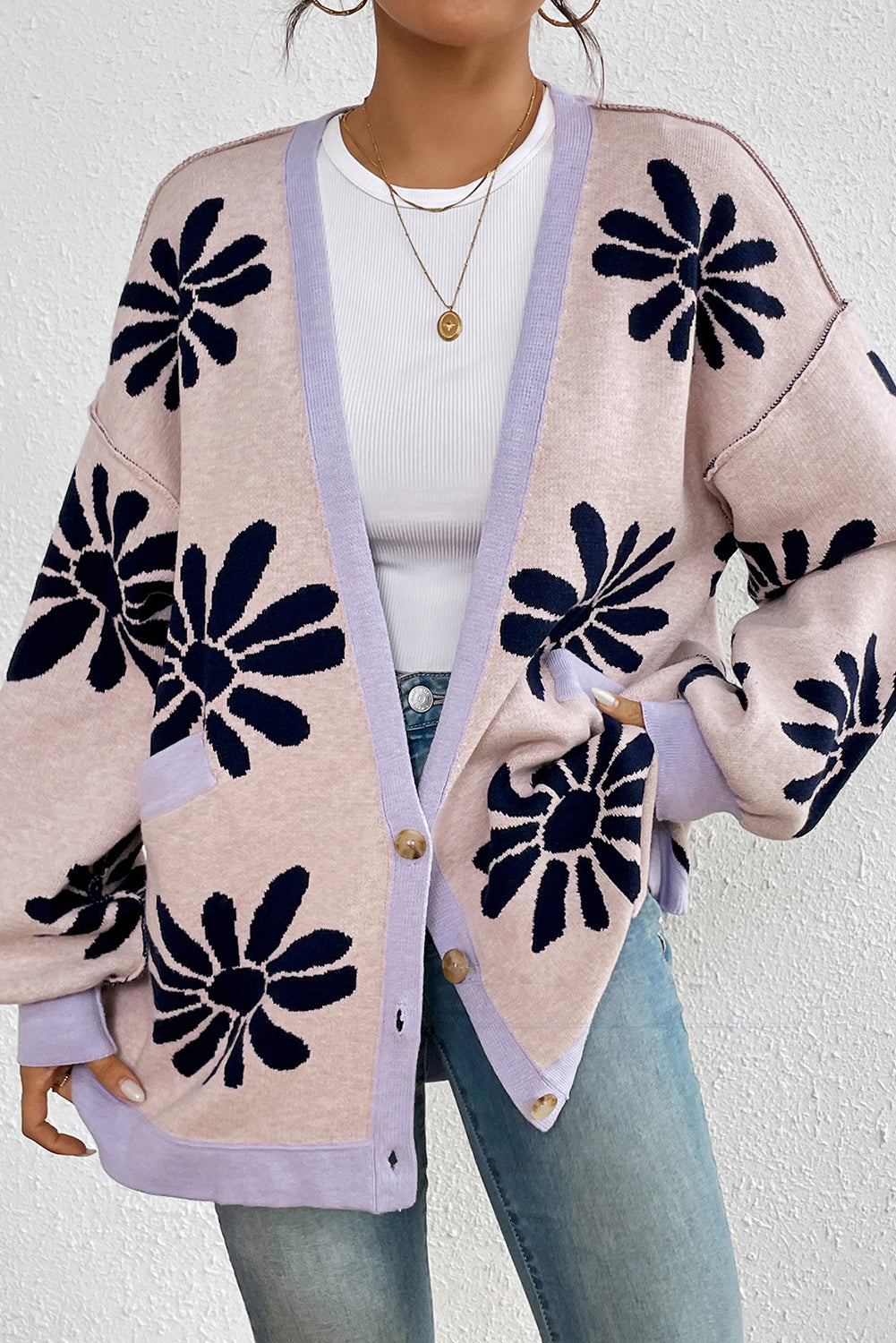 Pink Floral Print V-neck Side Pockets Knit Cardigan